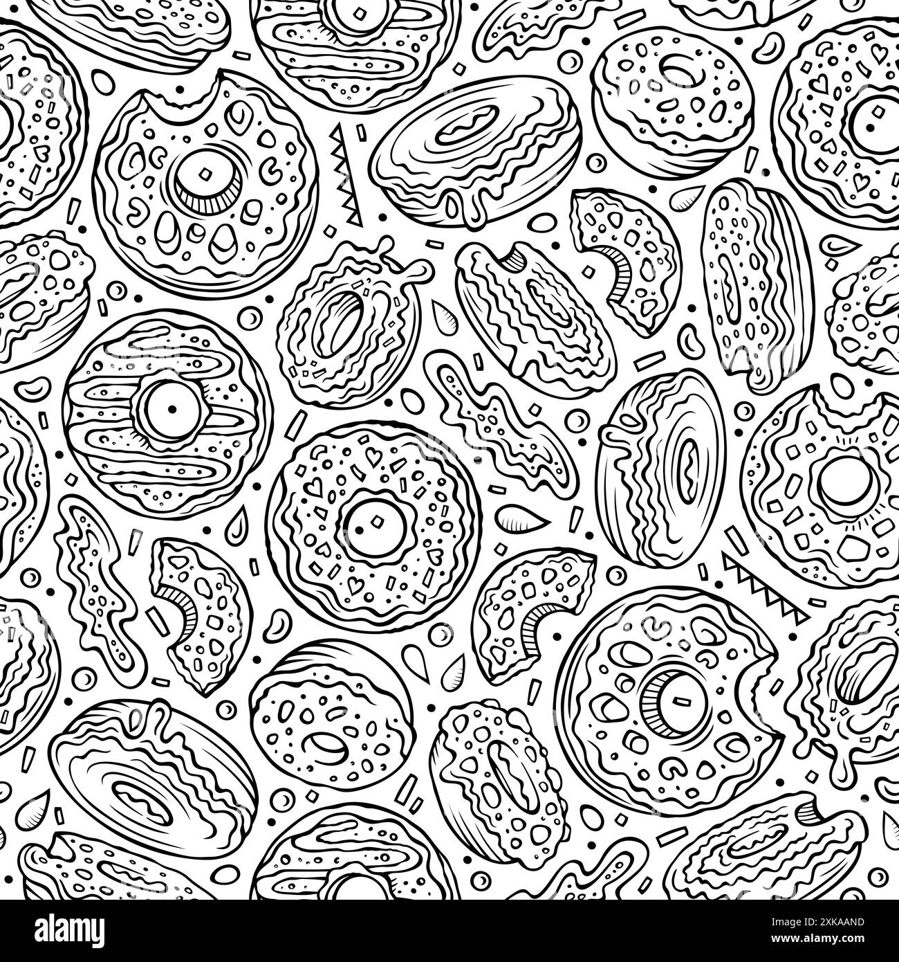 Cartoon cute doodles Donuts seamless pattern. Line art background ...