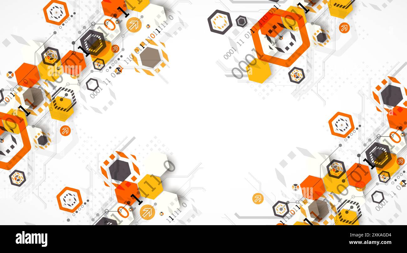 Abstract circuit board background with hexagons. Hi-tech digital technology concept. Hand drawn vector. Stock Vector