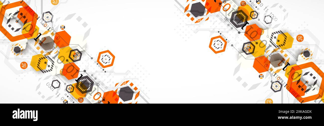 Abstract circuit board background with hexagons. Hi-tech digital technology concept. Hand drawn vector. Stock Vector