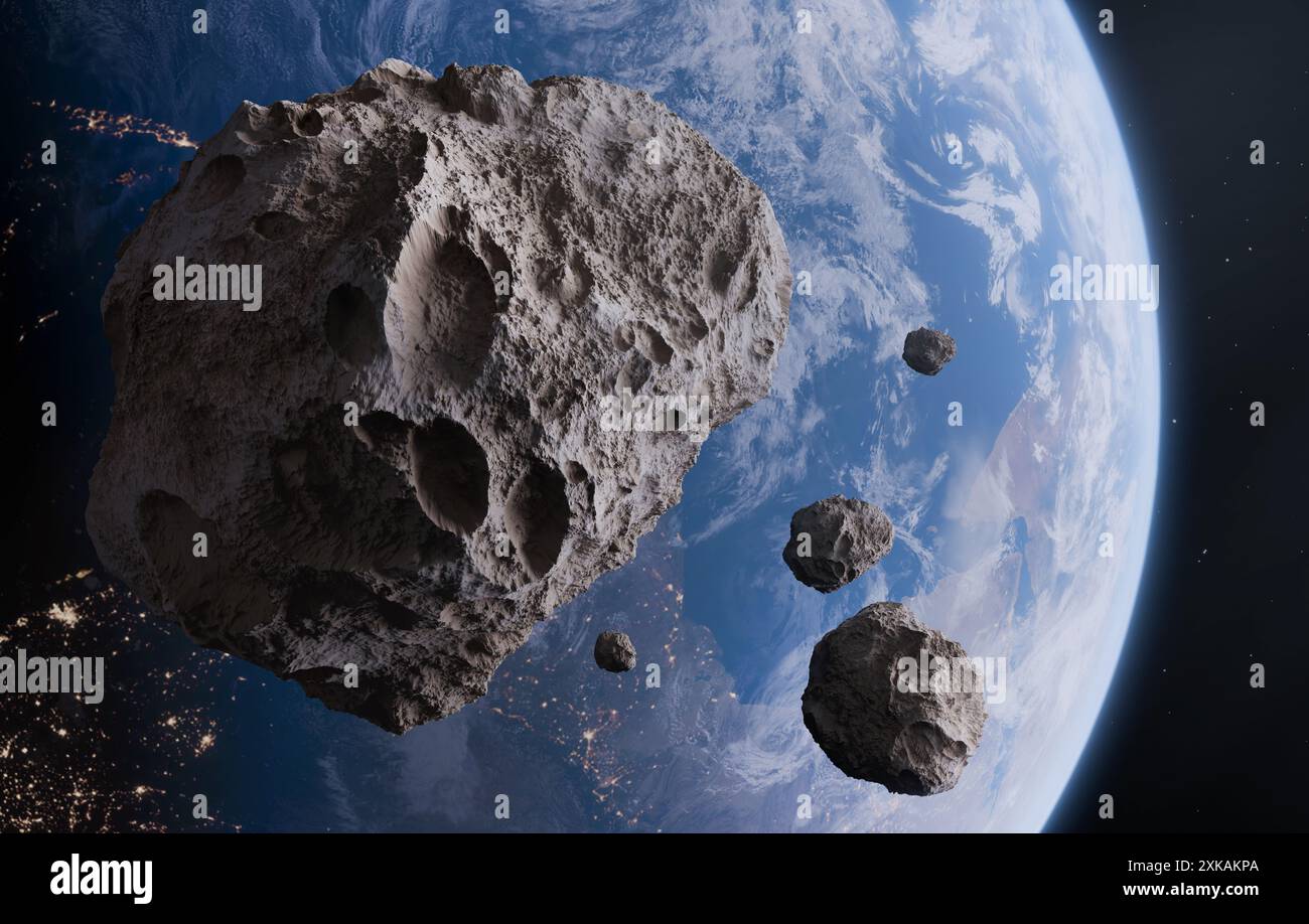 Blue Earth and asteroids in the space. View of planet Earth from space ...