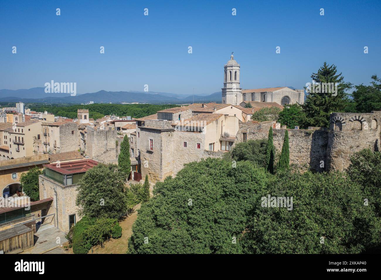 Girona, Spain - 18 July, 2024: Views of Girona Cathedral from the ancient City Walls Stock Photo