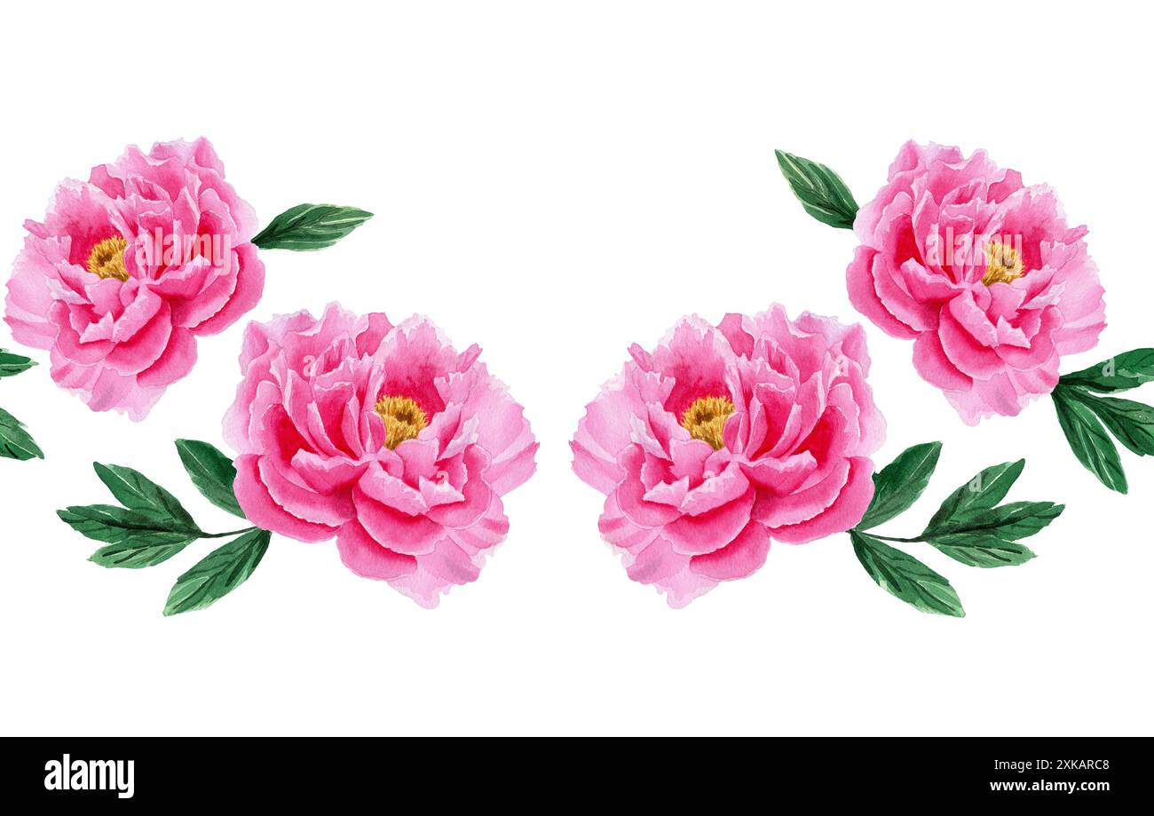 Seamless border with pink peonies and green leaves. Handmade watercolor ...