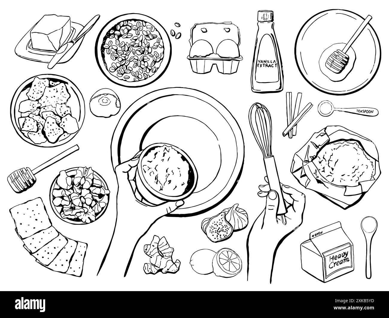 Outline baking elements. Pastry ingredients, tableware and accessories, flour, eggs, butter, sugar and cream. Vector illustration set Stock Vector