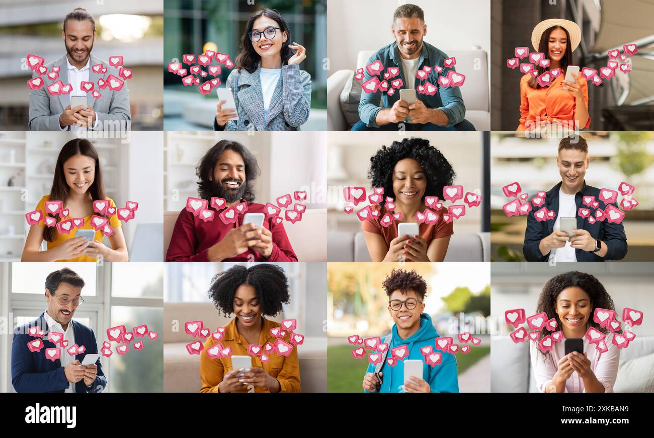 Diverse Group of People Using Smartphones With Heart Icons Around Stock ...