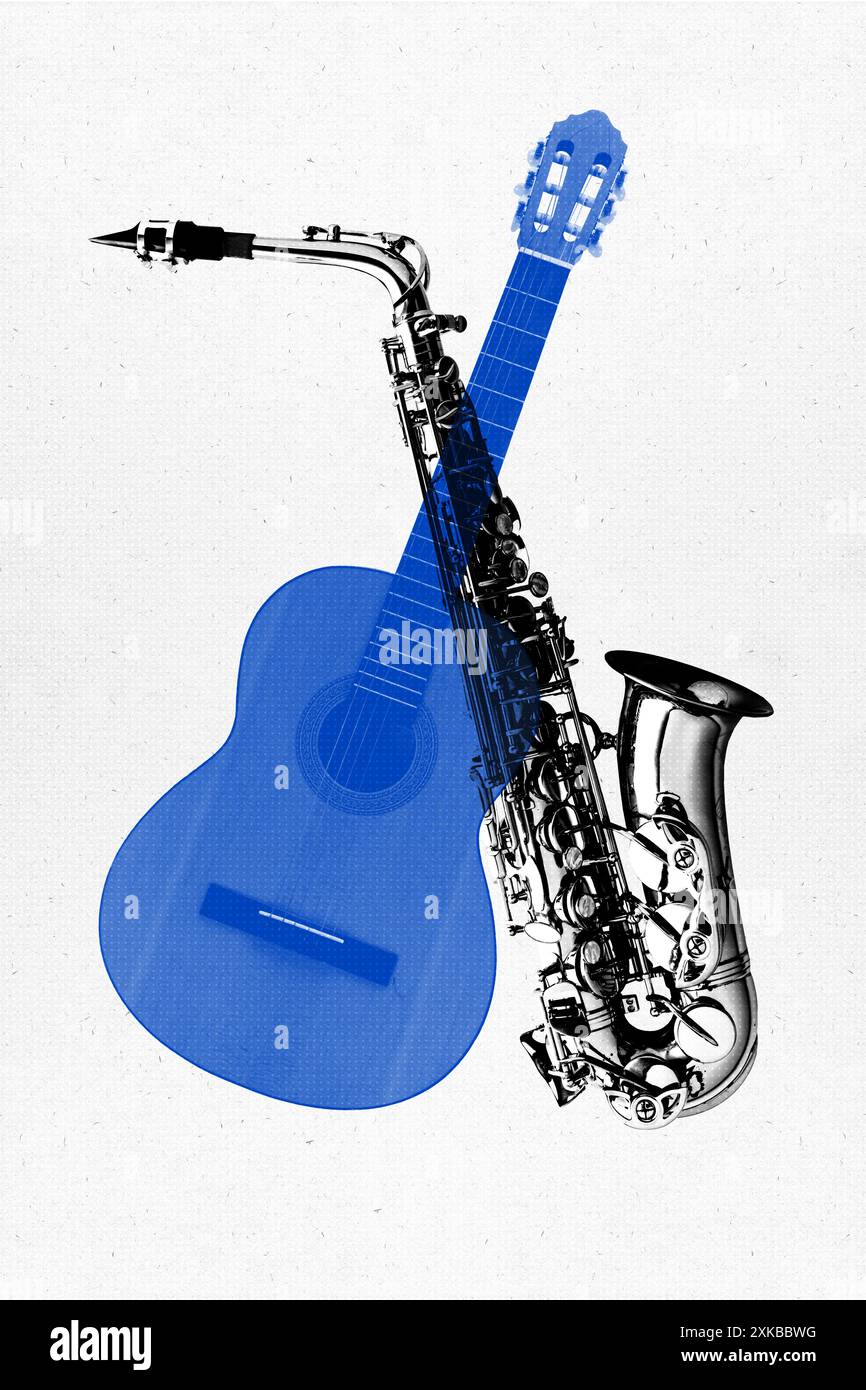 Contemporary art collage. Silhouette of sax overlaid on blue acoustic ...