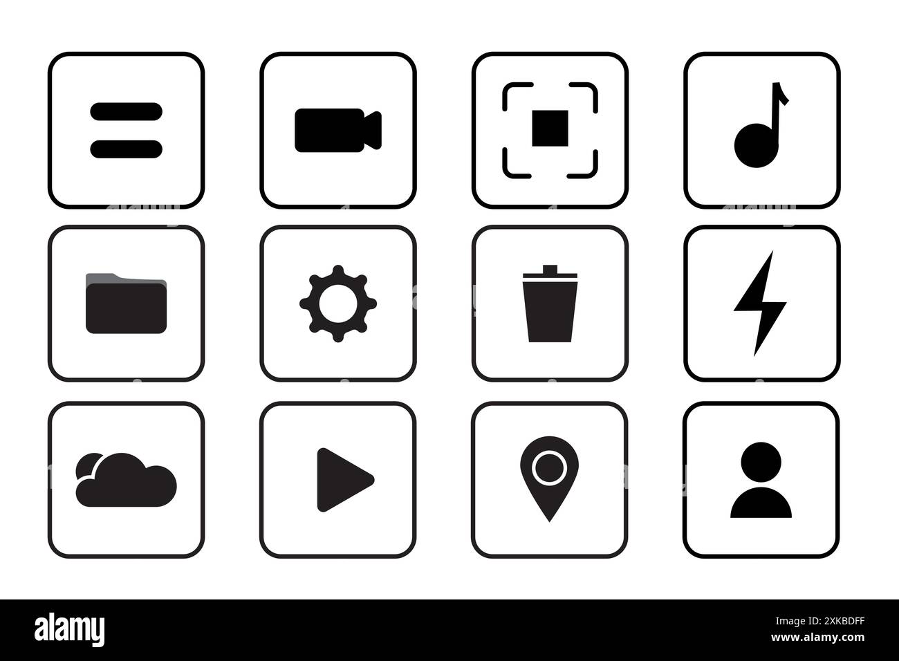 Minimalist app icons. Black and white. Interface symbol set. Vector graphic collection. Stock Vector