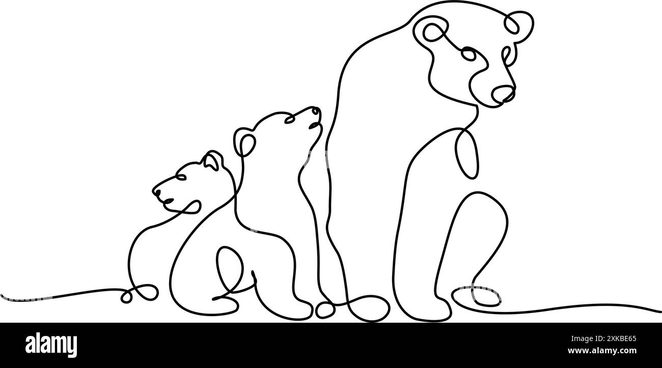 Mother bear sits with two cubs. Big bear family. Mom and kids concept