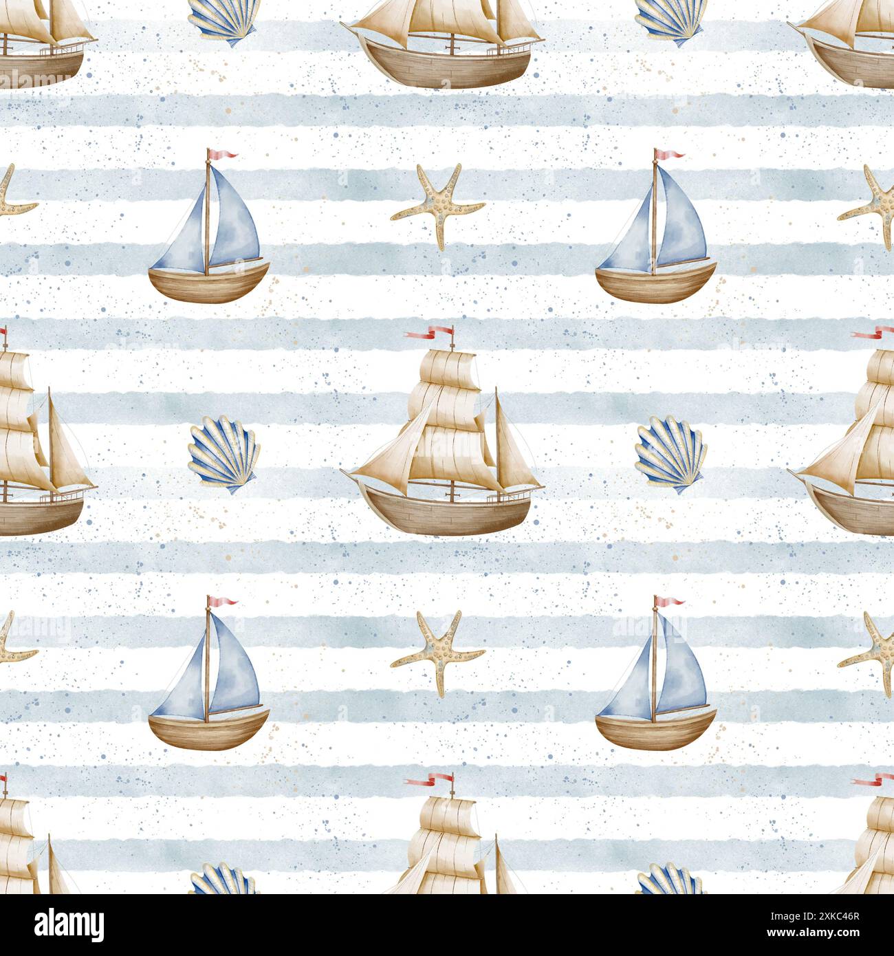 Watercolor seamless Pattern with Ships and yachts on striped background ...