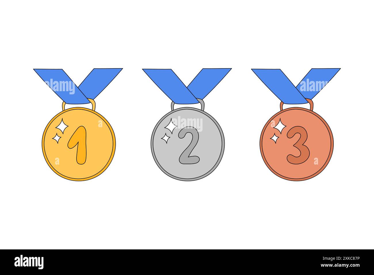 Medals with ribbon vector illustration. Doodle prizes set of golden ...