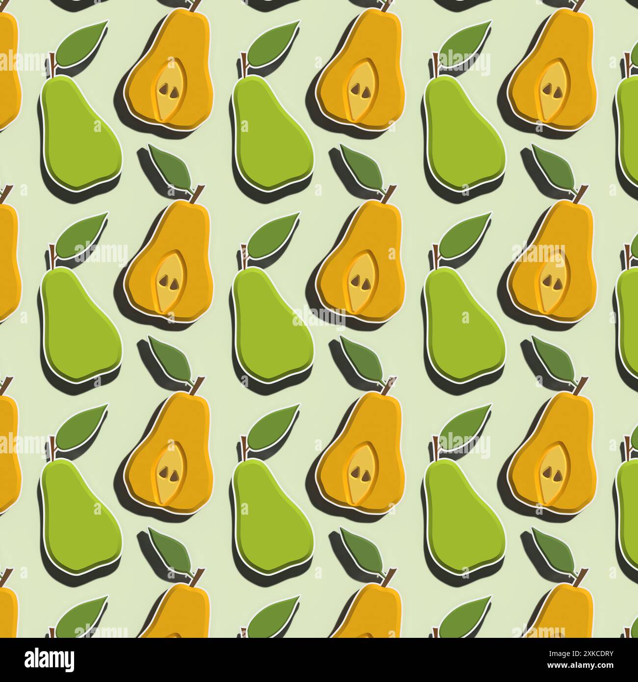 Seamless pattern of pears with shadow on a light green background, 3D ...