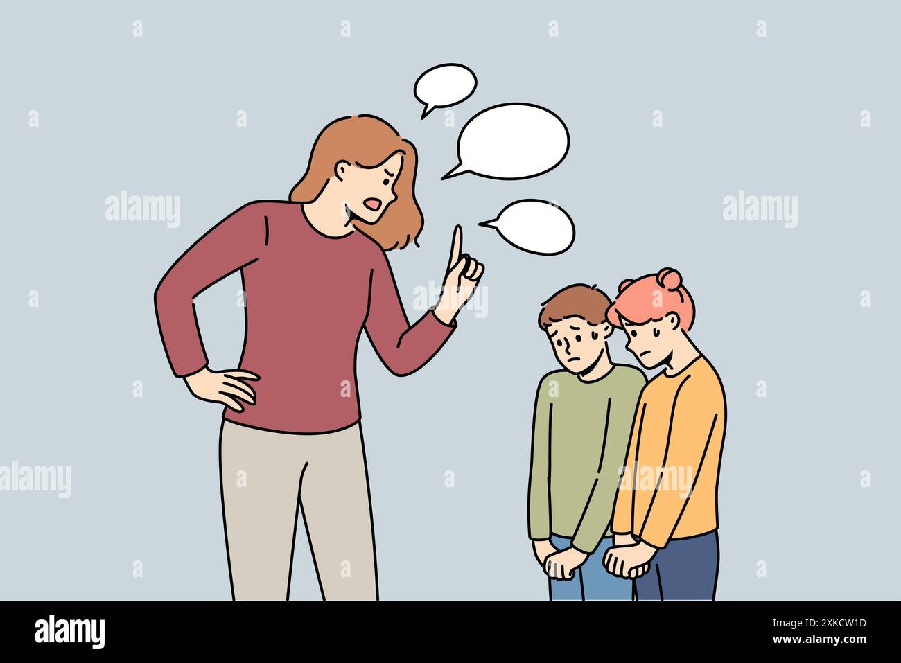 Repromanding Evil stepmother scolds children who are afraid and look down guiltily ...