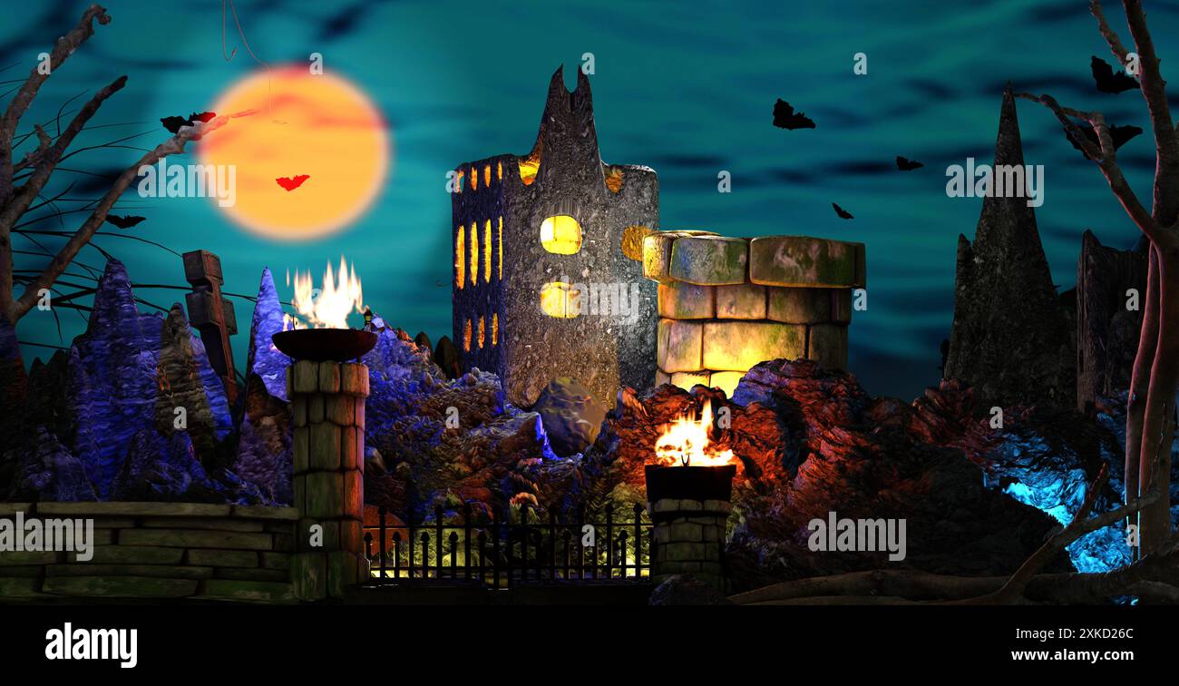 Halloween colorful background with creepy haunted spooky castle in the night. 3D render illustration. Stock Photo