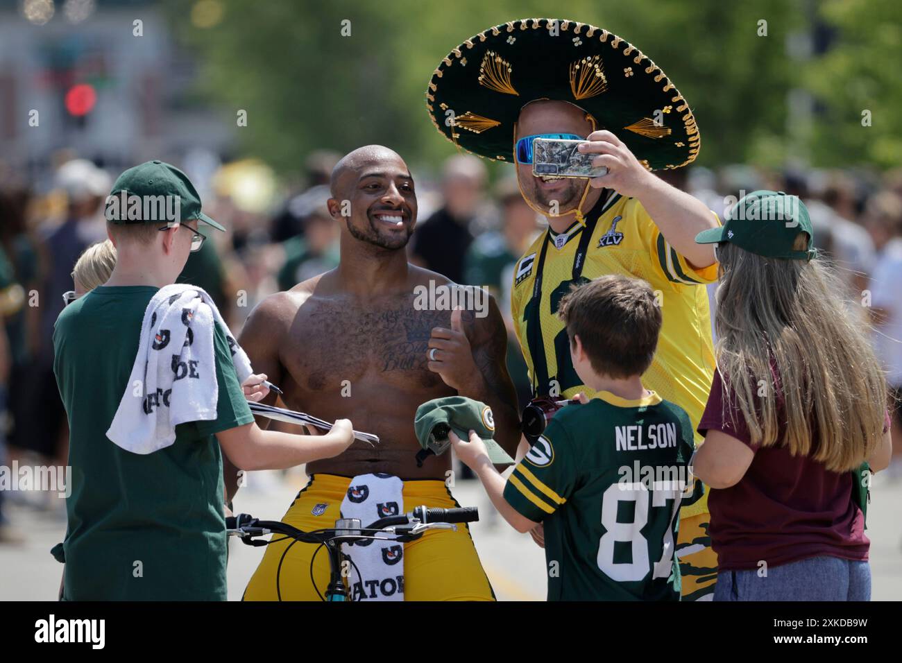 Green Bay Packers' AJ Dillon poses for a photo after NFL football training camp Monday, July 22 ...