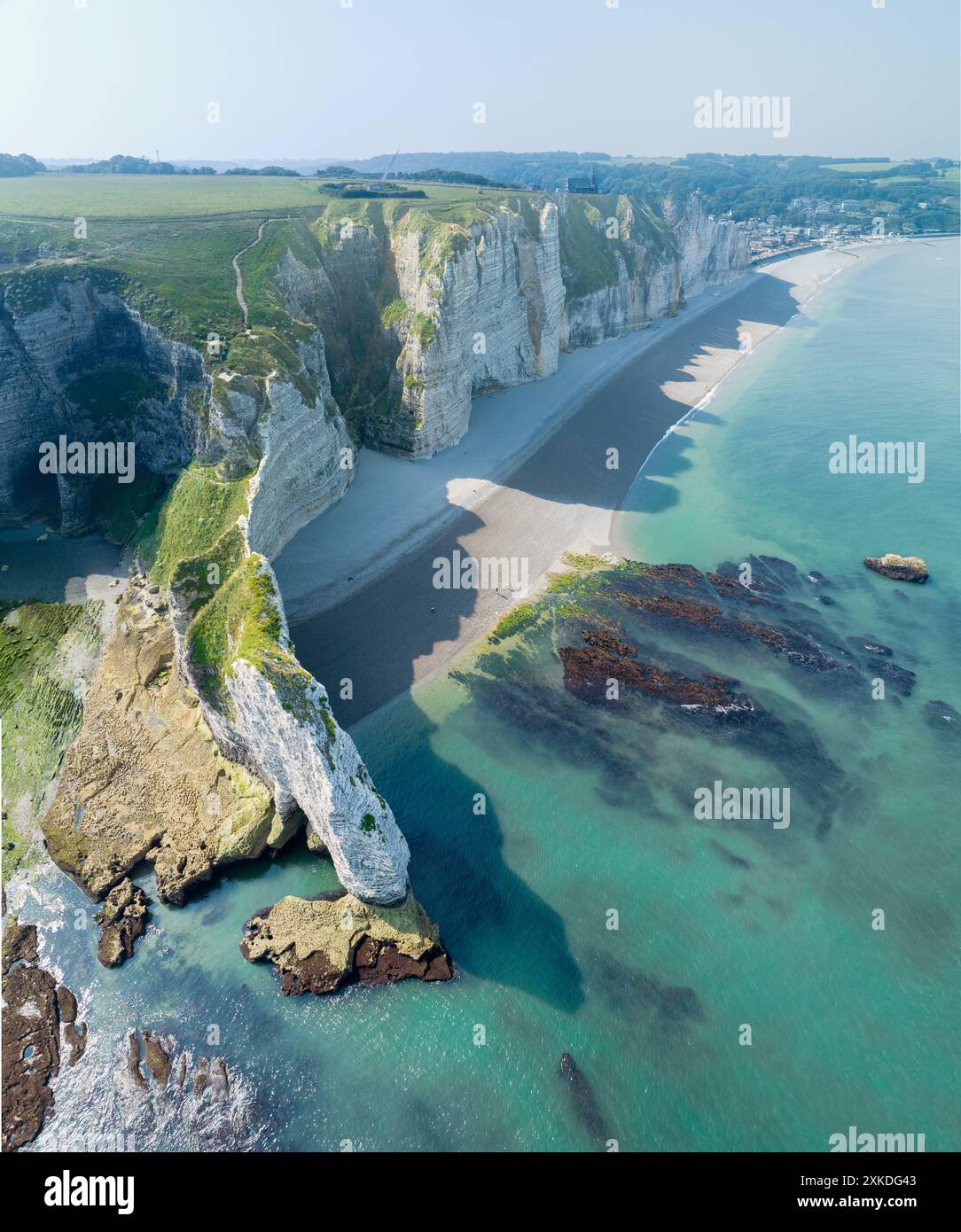Aerial view of Etretat cliffs and the Atlantic ocean. Chalk cliffs and ...