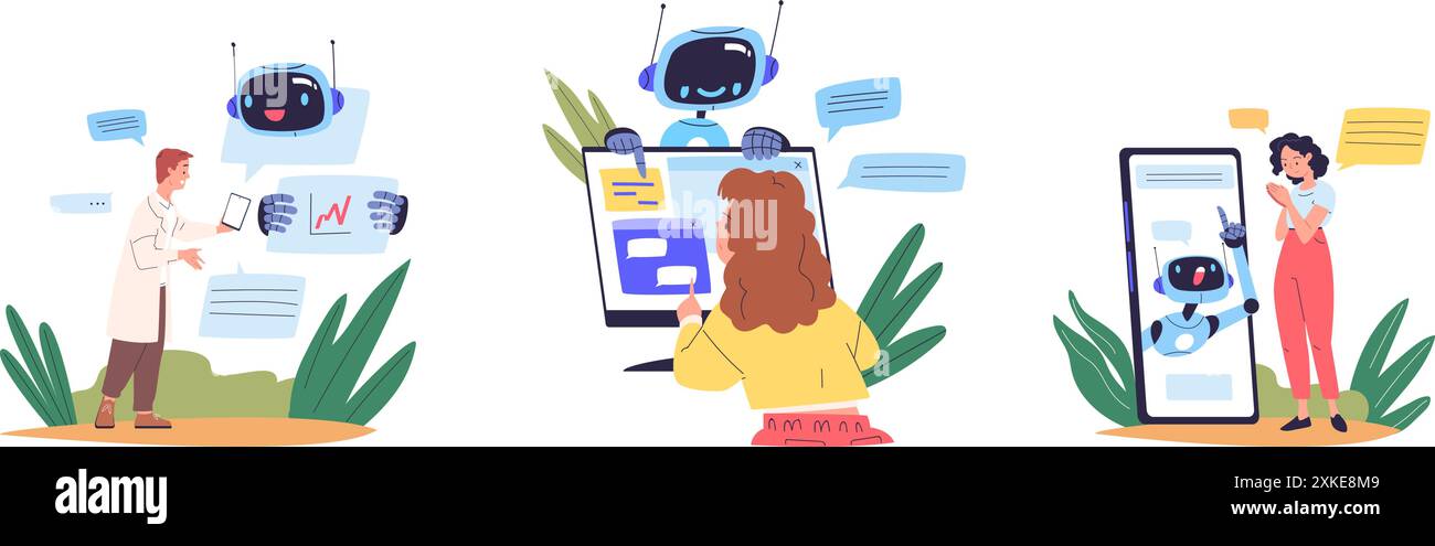 Chatbot answer customer. Robot assistant support service for people, ai technology user help internet online chat assistance in smartphone app or computer, vector illustration authors graphics Stock Vector