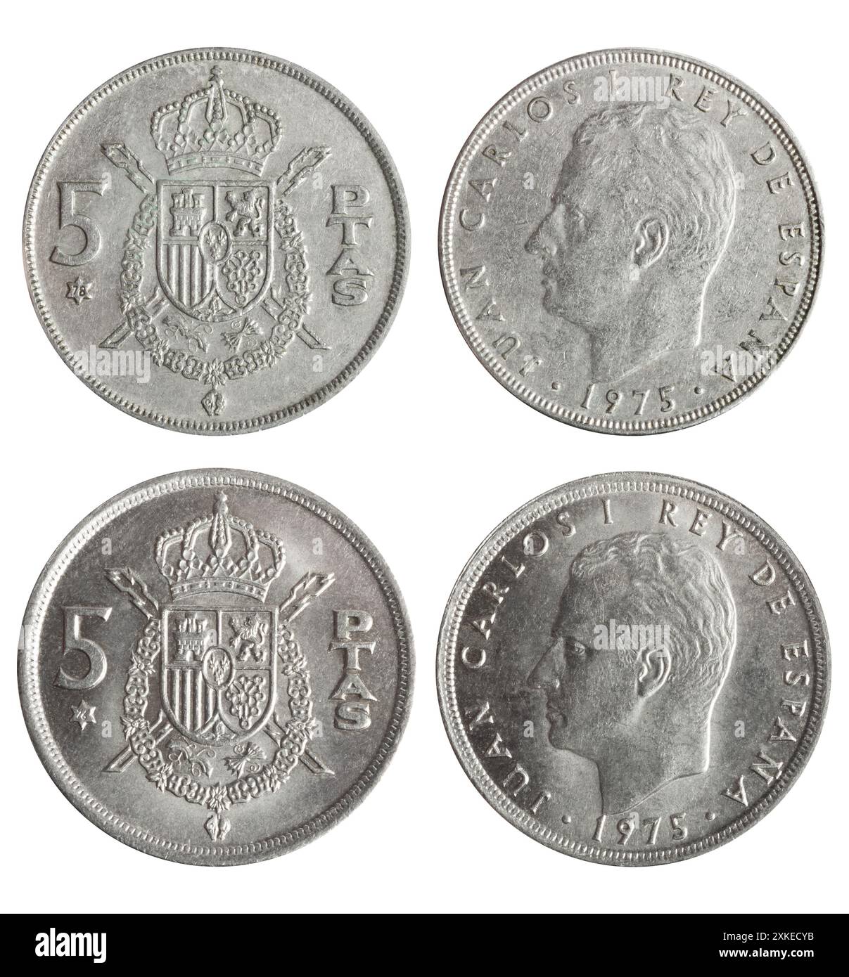 Isolated photo of 5 Spanish 1975 pesetas copper-nickel coin of King ...