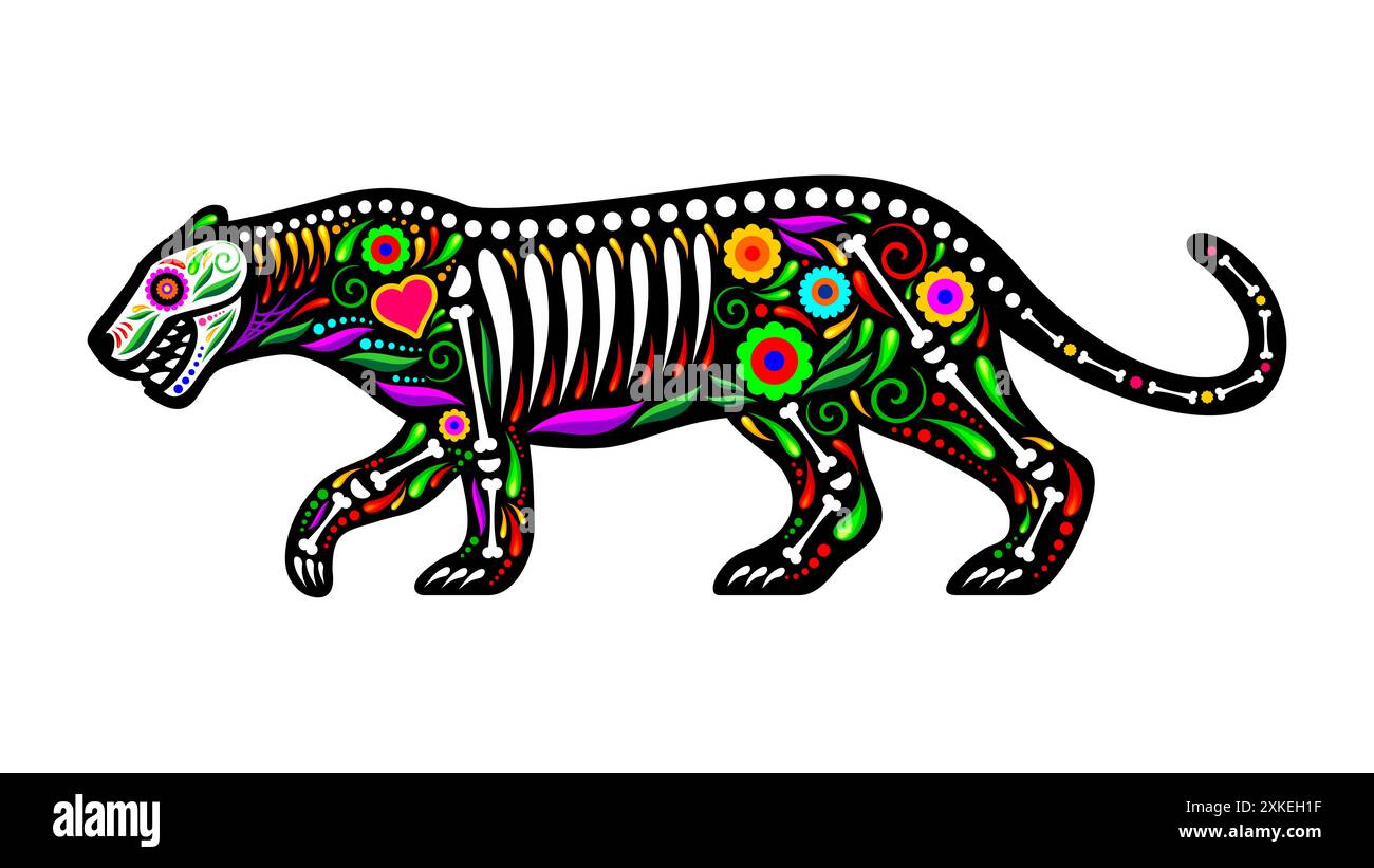 Mexican animal tattoo of jaguar with skull and skeleton bones in vector floral ornament. Mexican culture and ethnic art tattoo of jaguar, cougar and p Stock Vector