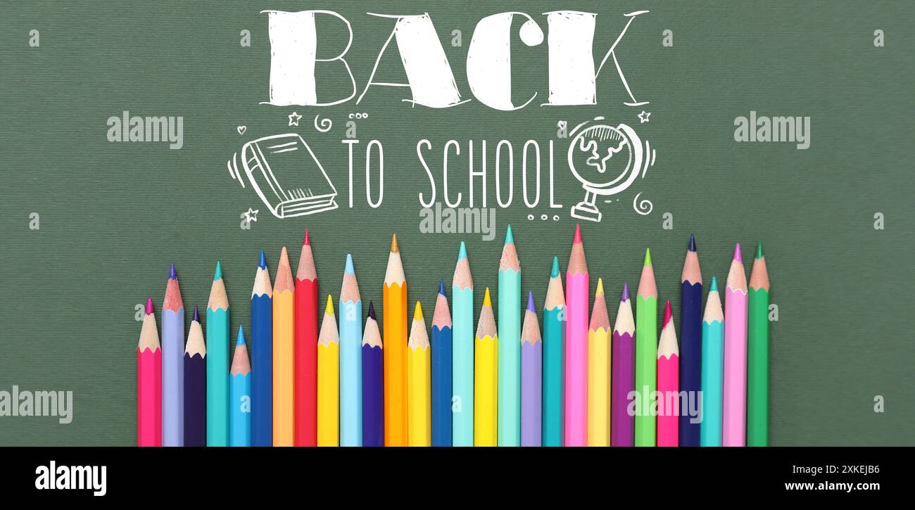 Colorful pencils and text BACK TO SCHOOL on green background Stock ...
