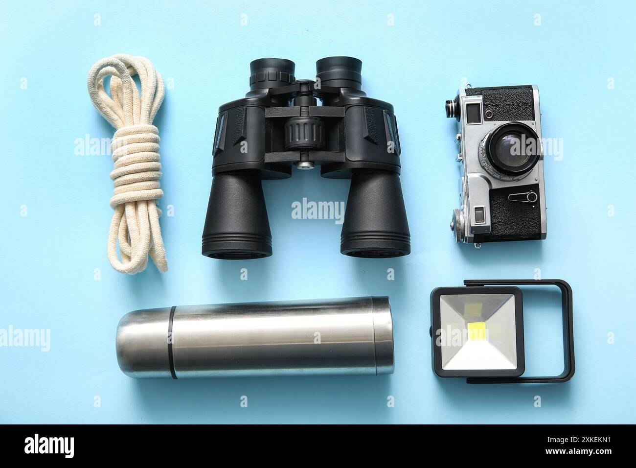 Composition with travel items on blue background Stock Photo