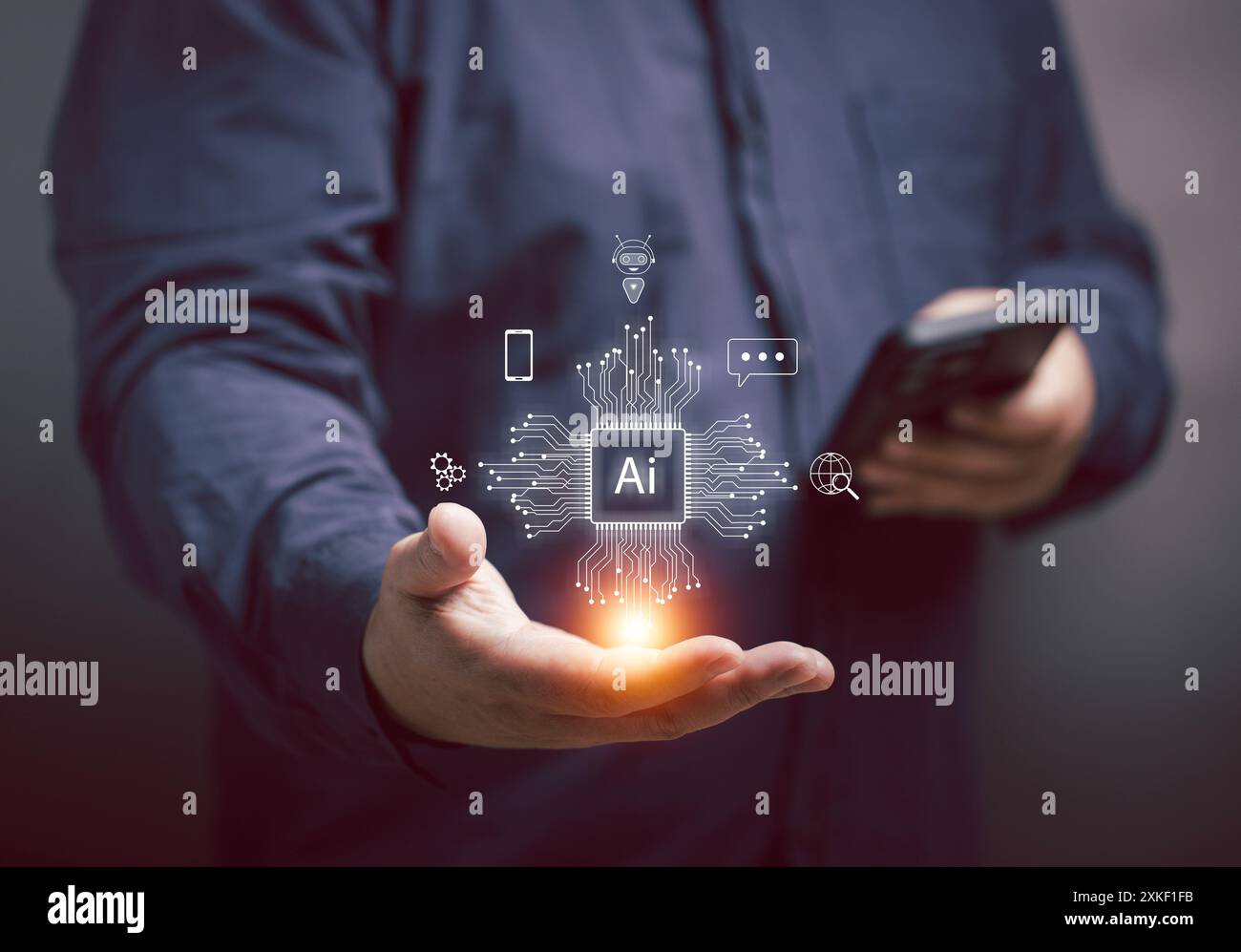 A man uses a mobile phone to order tasks with AI to perform a variety of tasks in his hand. ai innovation artificial intelligence. futuristic, connect Stock Photo