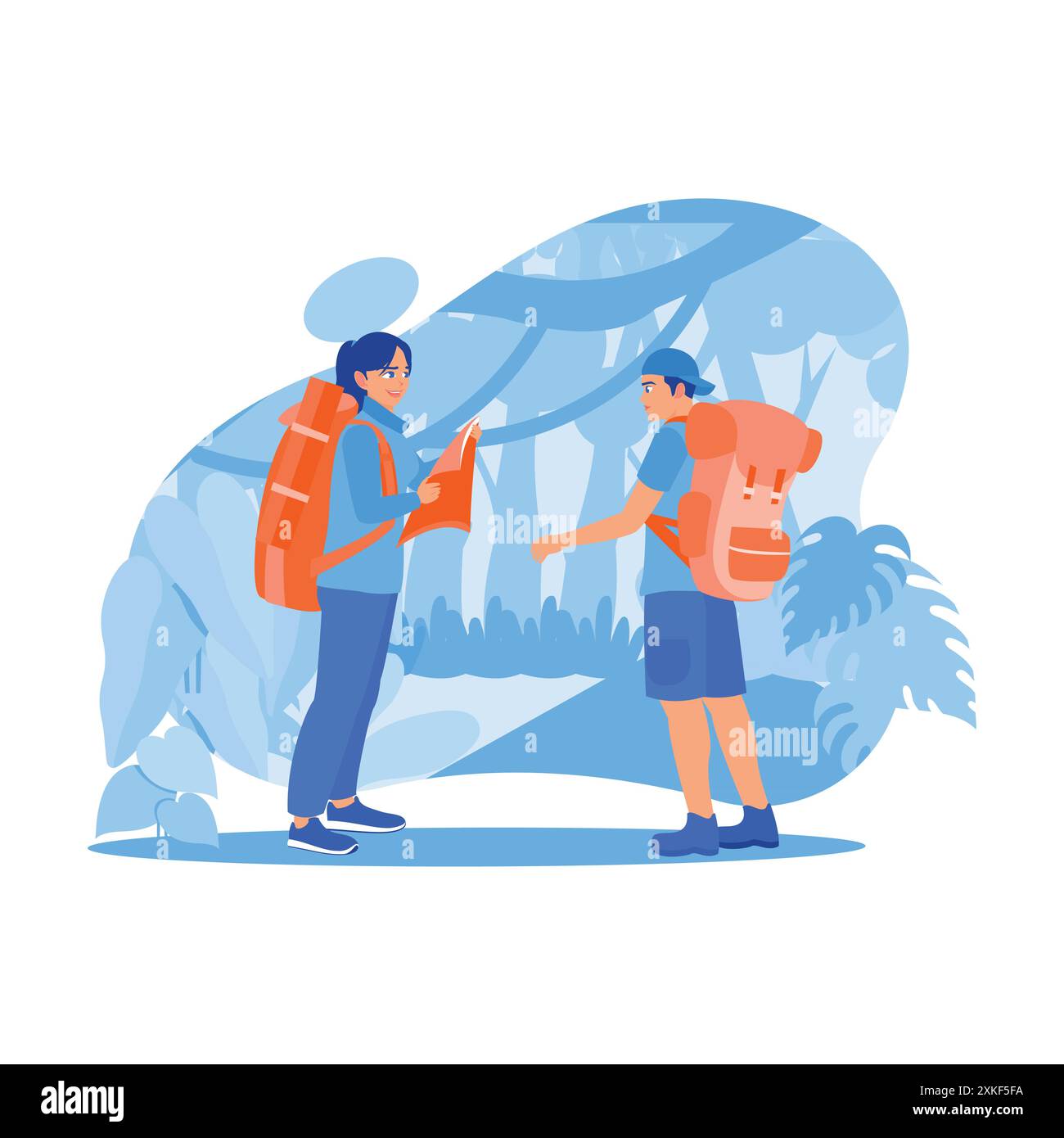 A couple of tourists with backpacks on their backs got lost in the forest. They looked at the map, tried to find their way, and prepared for the night Stock Vector