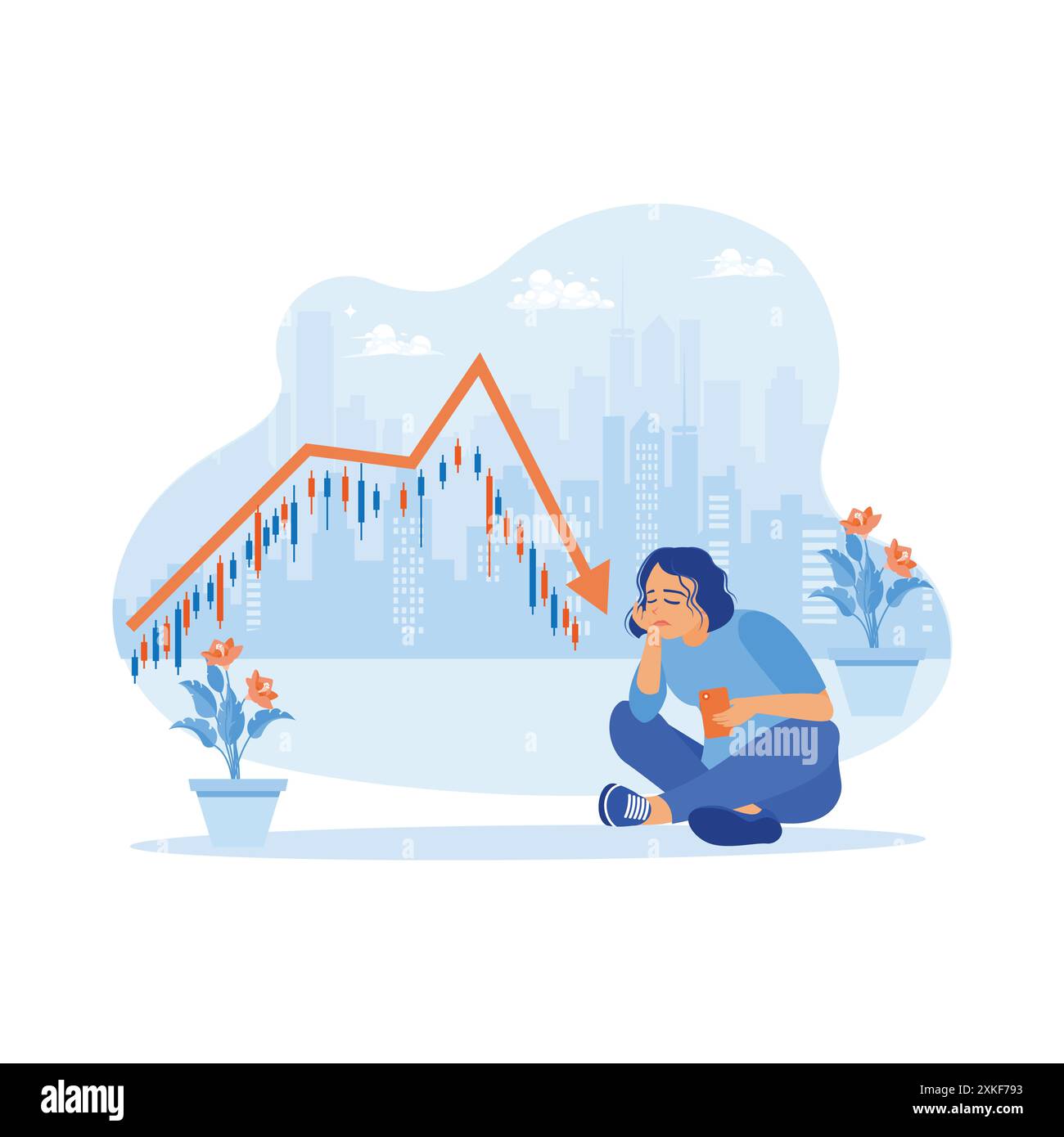 A businesswoman with a sad face is sitting on the floor holding a cell phone. Stressed looking at cell phones because of the declining stock exchange Stock Vector