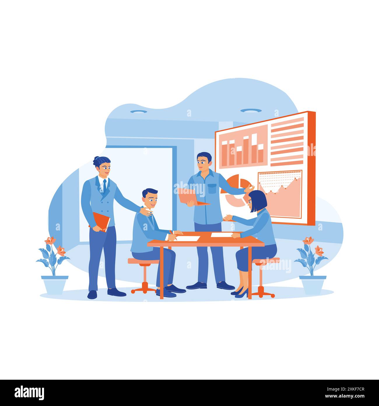 Diverse colleagues gather and discuss together in the meeting room. Discuss charts, diagrams and statistical data on office finances. Teamwork meeting Stock Vector