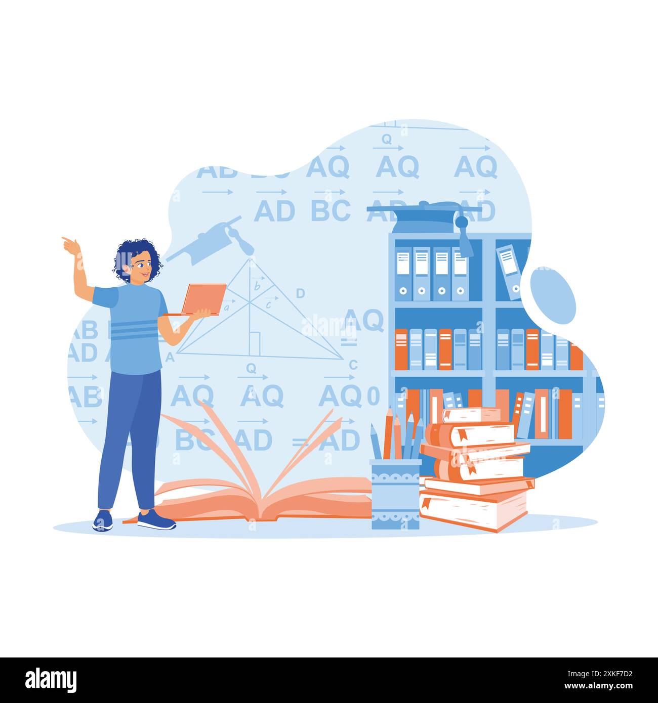 A student is studying mathematical formulas using a laptop. A graduation cap on a bookshelf and stationery beside it. Education concept. trend modern Stock Vector