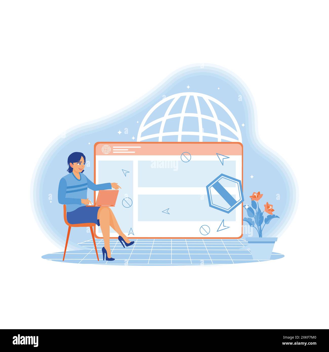 Young woman sitting at work. Using web window search info on the laptop screen. Web design concept. trend modern vector flat illustration Stock Vector