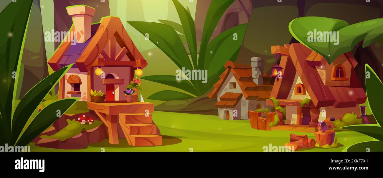 Cute tiny elf or animal village with houses in forest under huge trees and bushes. Cartoon fairy landscape with little gnome homes with wooden roof and porch, axe on wood stump, flowers in pot. Stock Vector