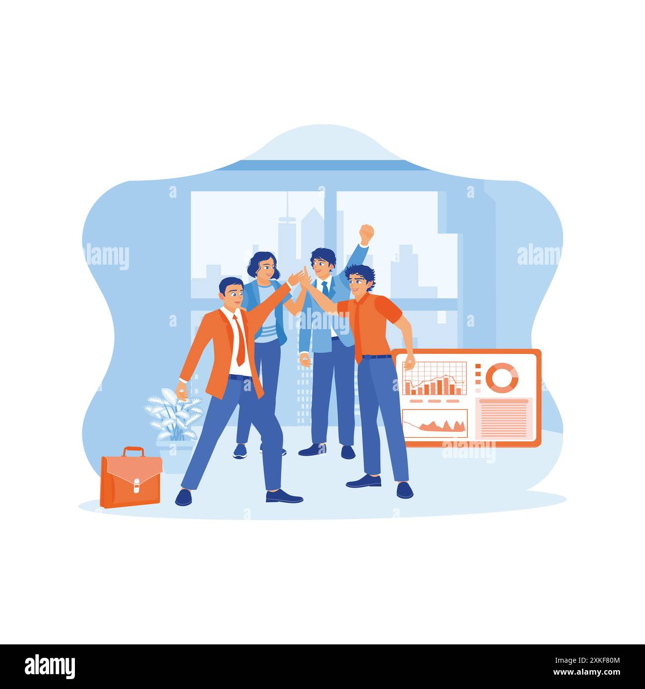Happy and diverse businessmen are high-fiving after finding a solution to a problem as a result of successful brainstorming. Standing in an office spa Stock Vector