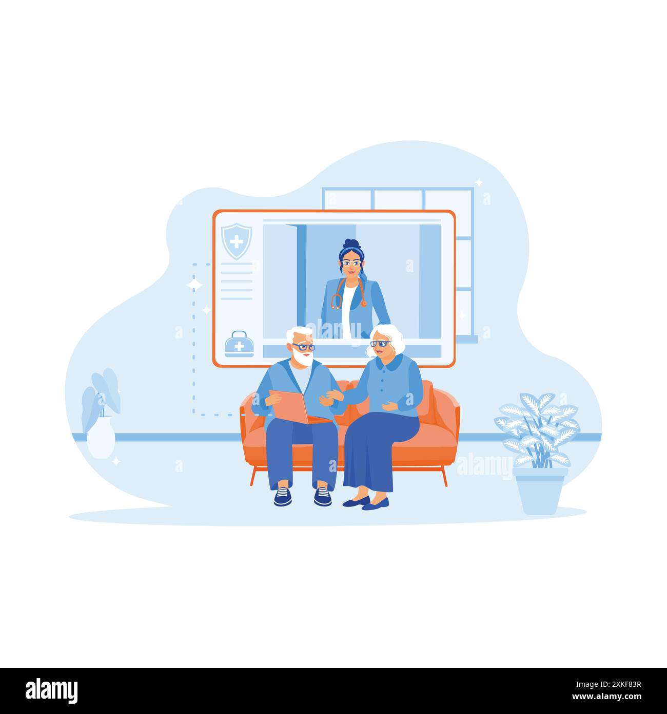 Happy mature husband and wife sitting on the sofa at home. Consulting about health with the young female doctor on the laptop. Doctor Talking To Elder Stock Vector