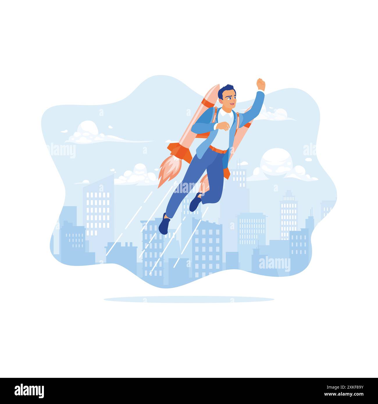 A young businessman is flying with a rocket on his back. The background ...