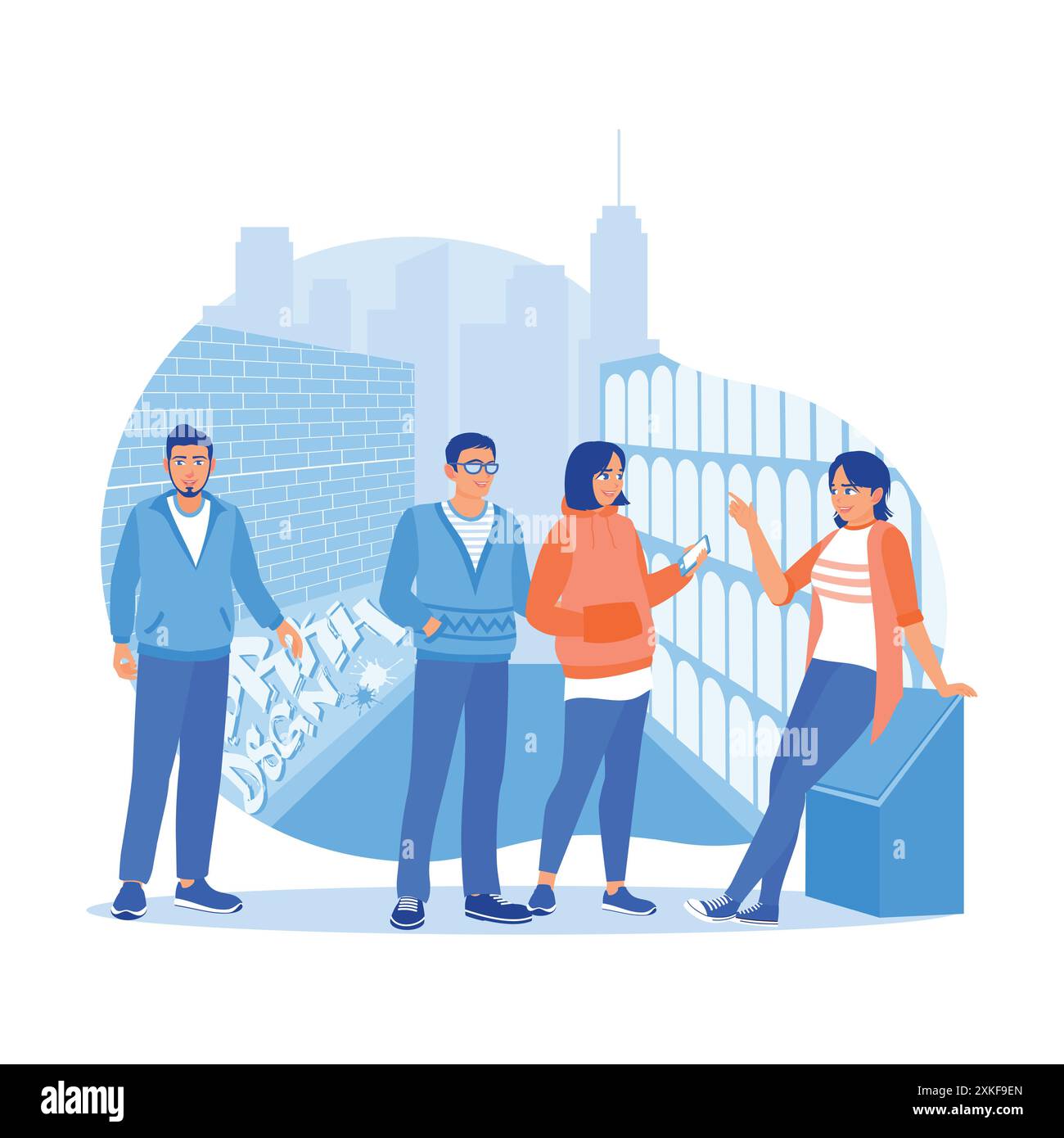 Young tourists using smartphones are on the street. The tour guide explains about the culture and tourism there. Tourist Guide concept. trend modern v Stock Vector
