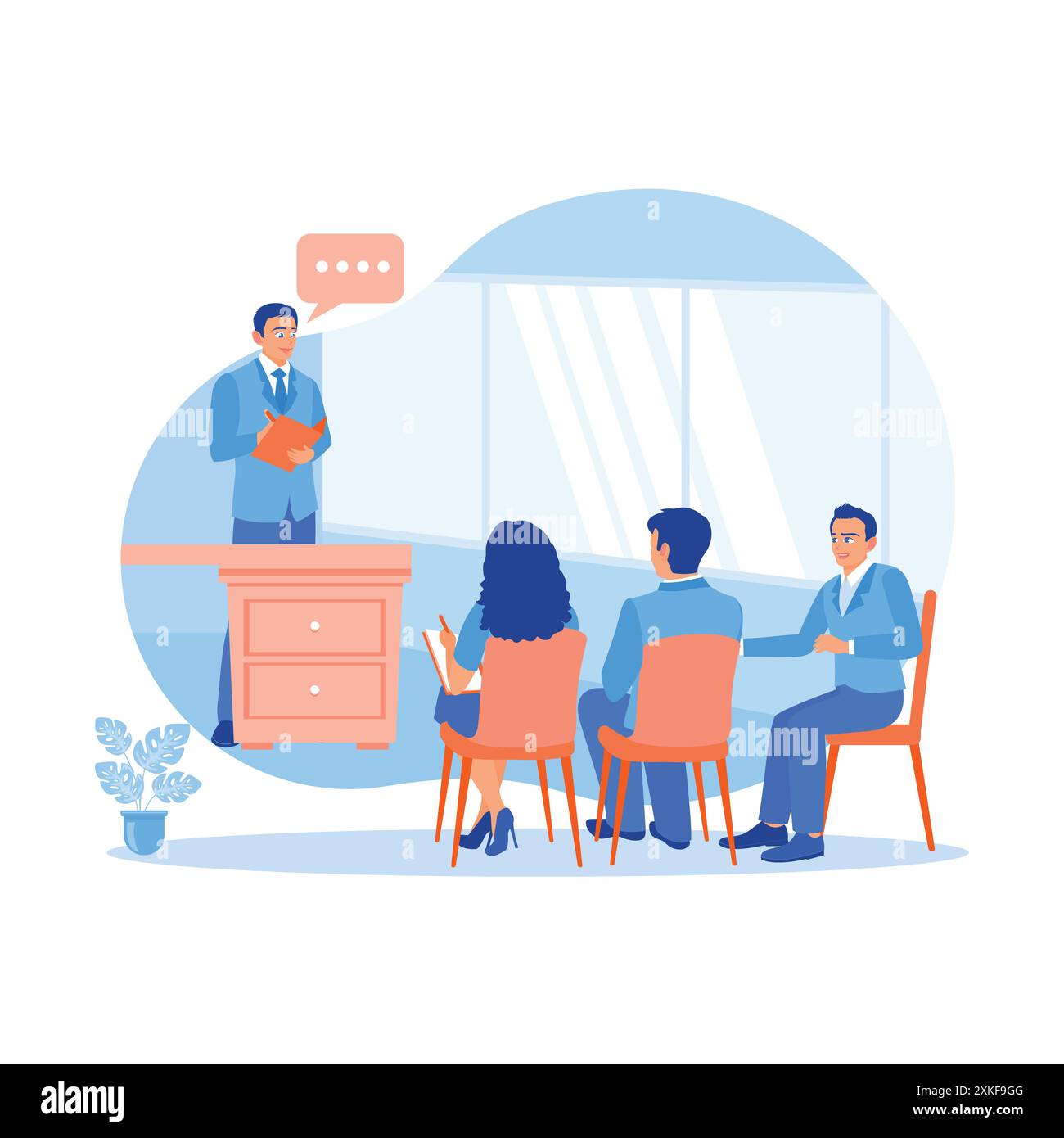 Male boss holding a meeting with employees in the office. Provide direction and discuss business ideas during meetings in the office. Briefings concep Stock Vector