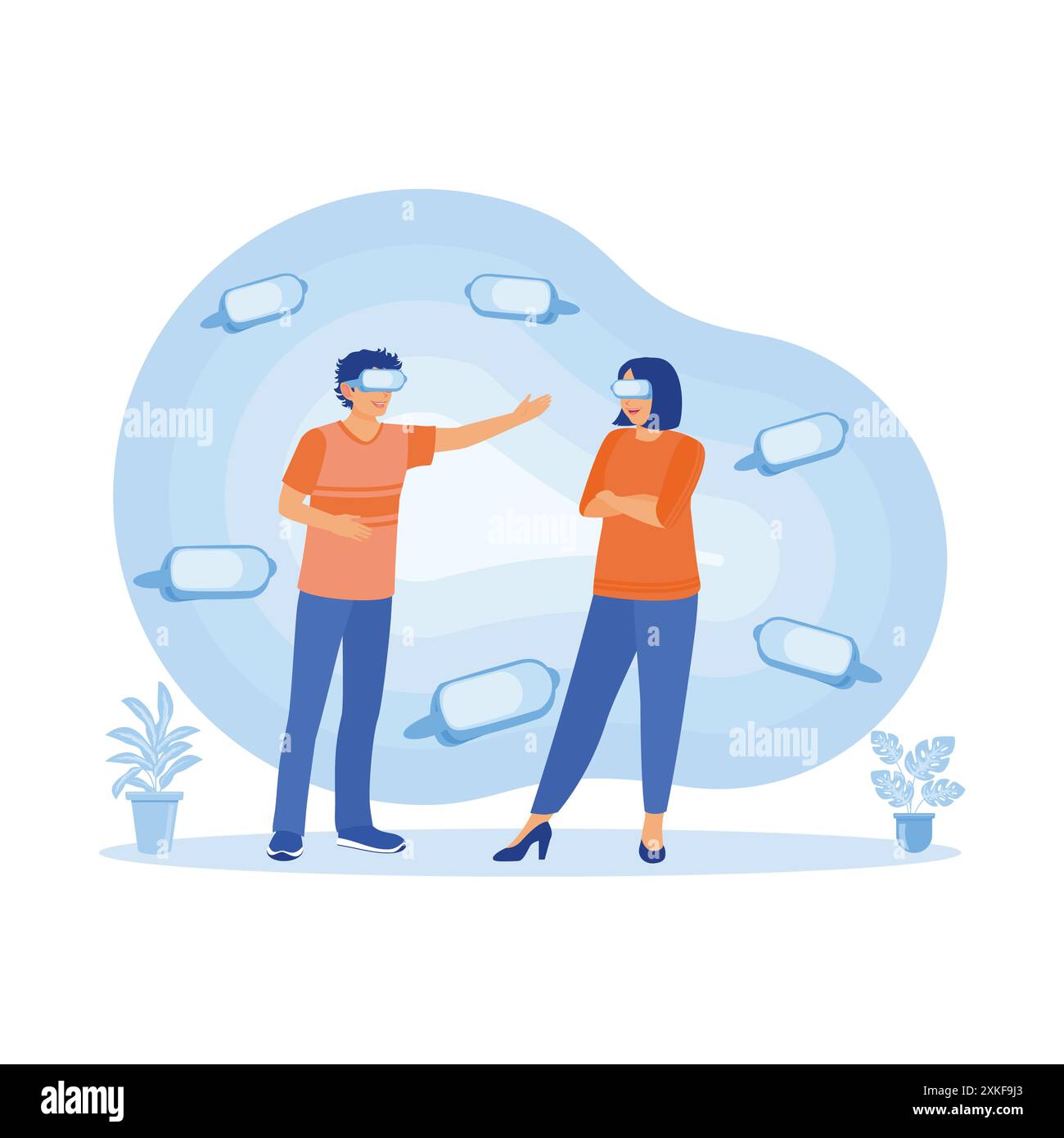 Happy young couple using virtual glasses. Virtual Relationships concept. Trend Modern vector flat illustration Stock Vector