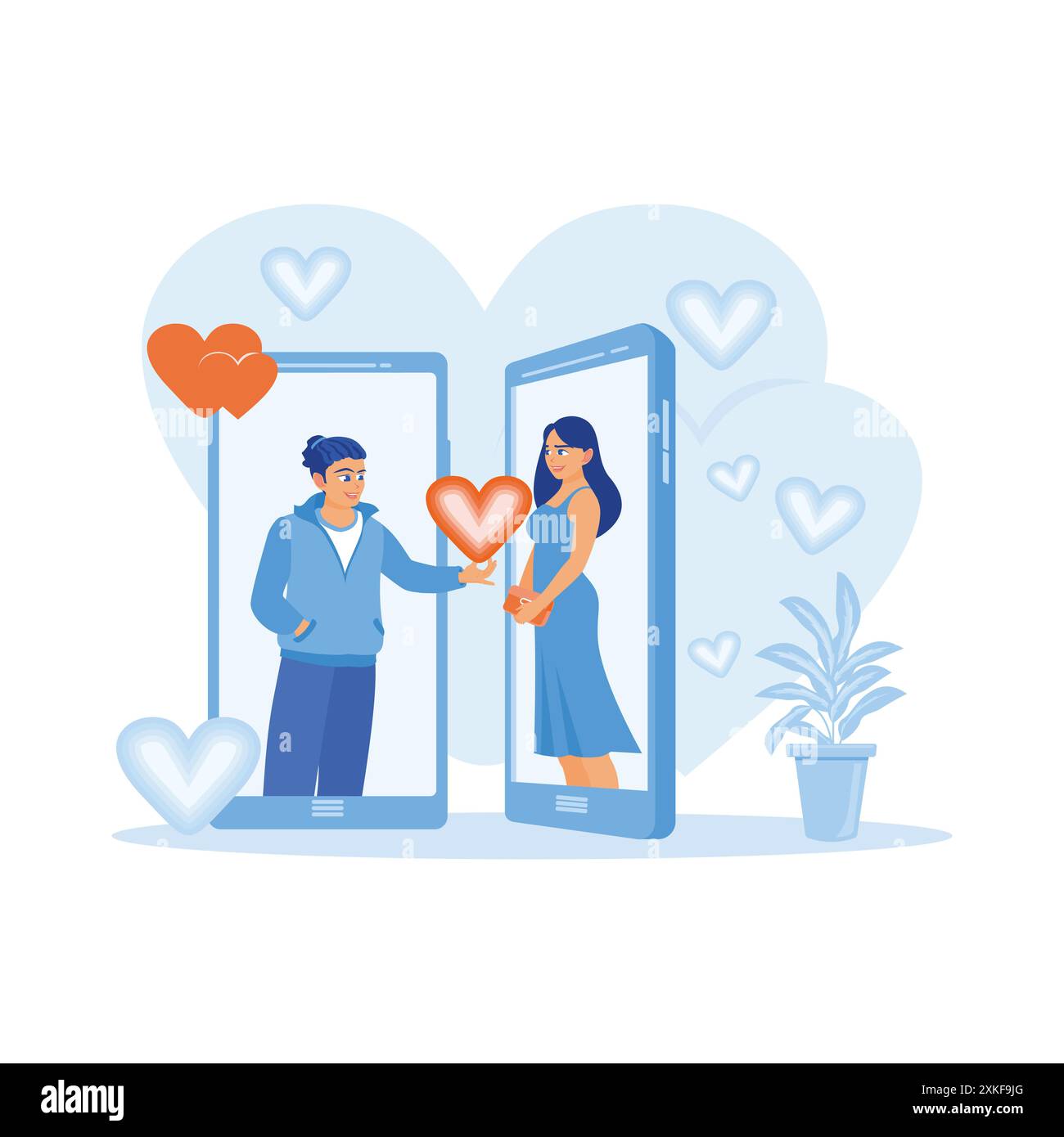Young couple using online dating app on a smartphone. They talk and code their hearts for their partners. online Dating concept. Trend Modern vector f Stock Vector
