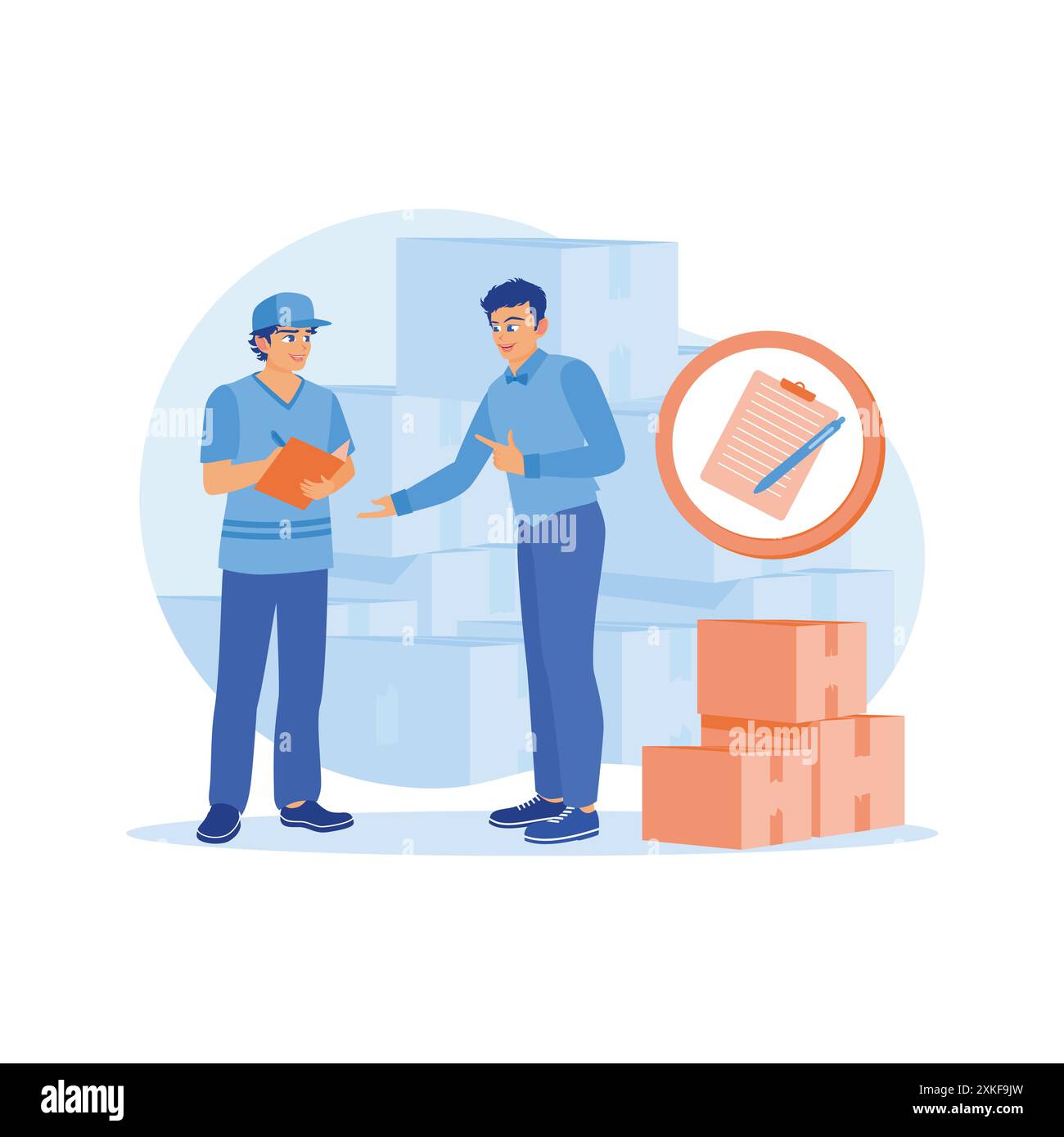 A man works in a warehouse factory. The warehouse manager signs the bill of lading after receiving the goods for delivery. order Confirmation concept. Stock Vector