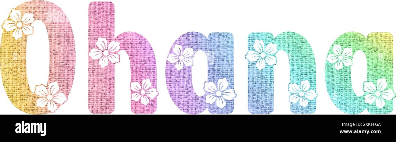 Ohana written with engraved typical Hawaiian hibiscus flowers