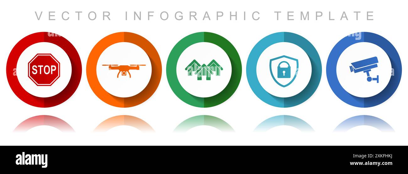 Home security vector icon collection, miscellaneous icons such as stop sign, drone, house, cctv camera and padlock, flat design infographic template i Stock Vector