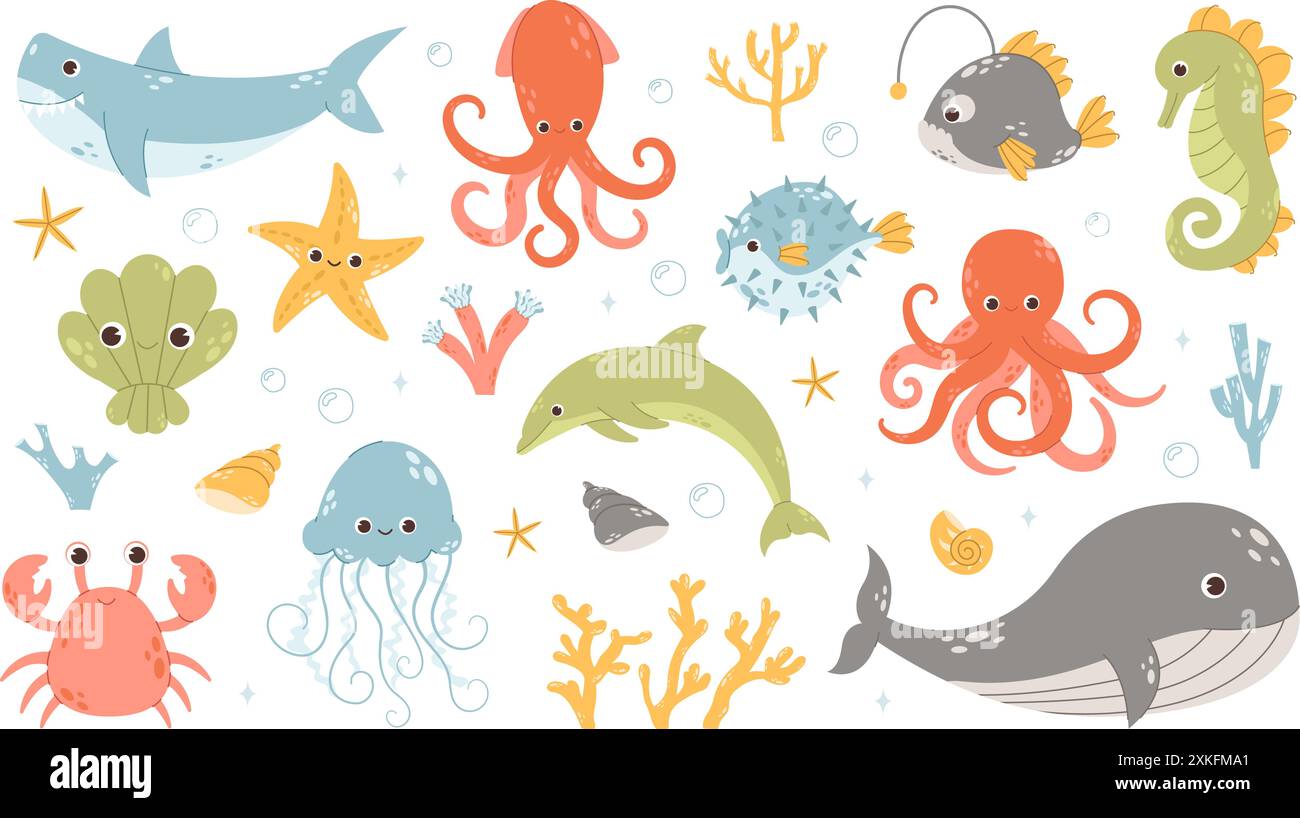 Set with hand drawn sea life elements Stock Vector Image & Art - Alamy