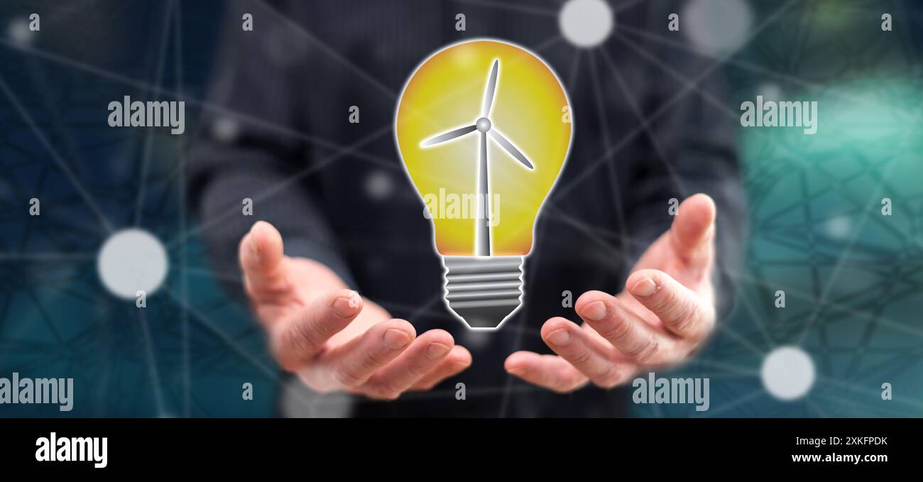 Clean energy concept above the hands of a man in background Stock Photo ...