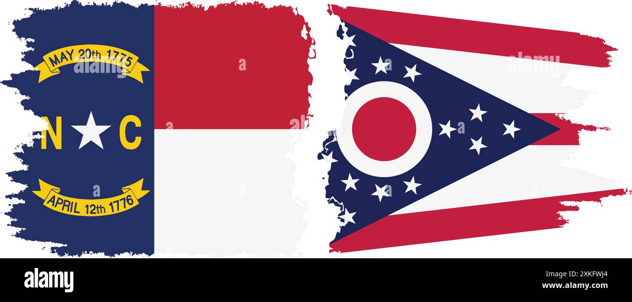 Ohio and North Carolina states grunge brush flags connection, vector ...
