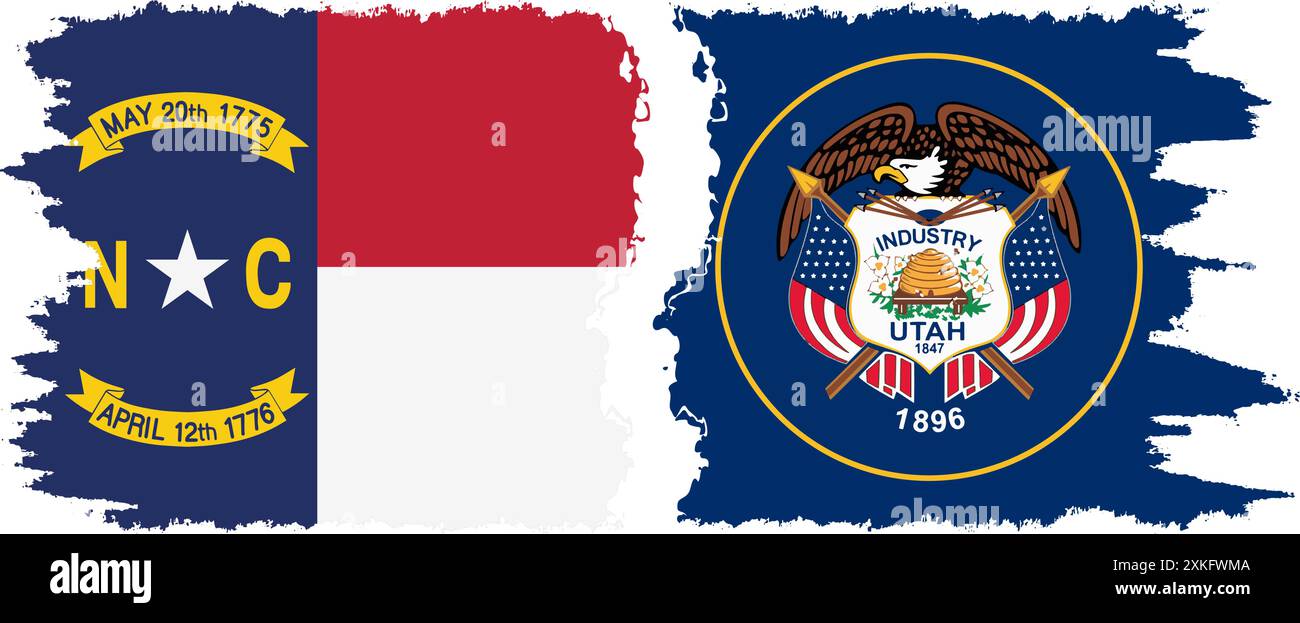 Utah and North Carolina states grunge brush flags connection, vector ...