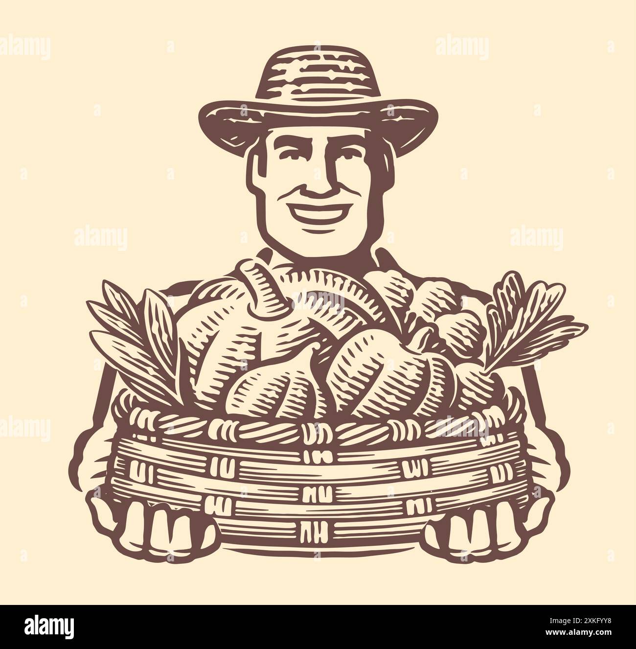 Smiling male farmer in uniform holds basket full of ripe organic ...