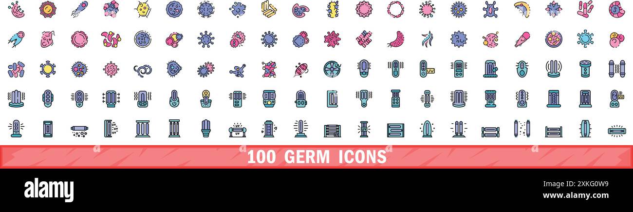 100 germ icons set. Color line set of germ vector icons thin line color flat on white Stock Vector