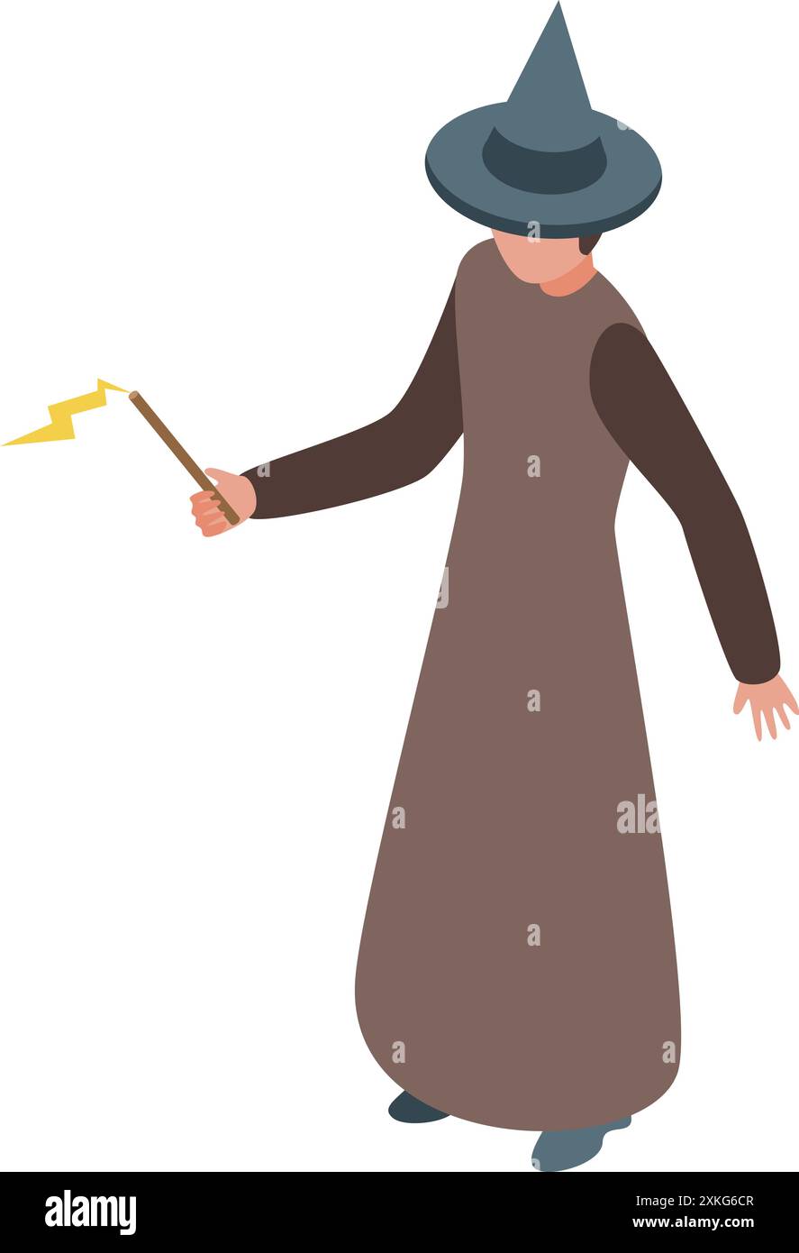 Wizard wearing a robe and hat is holding a wand and casting a magic ...