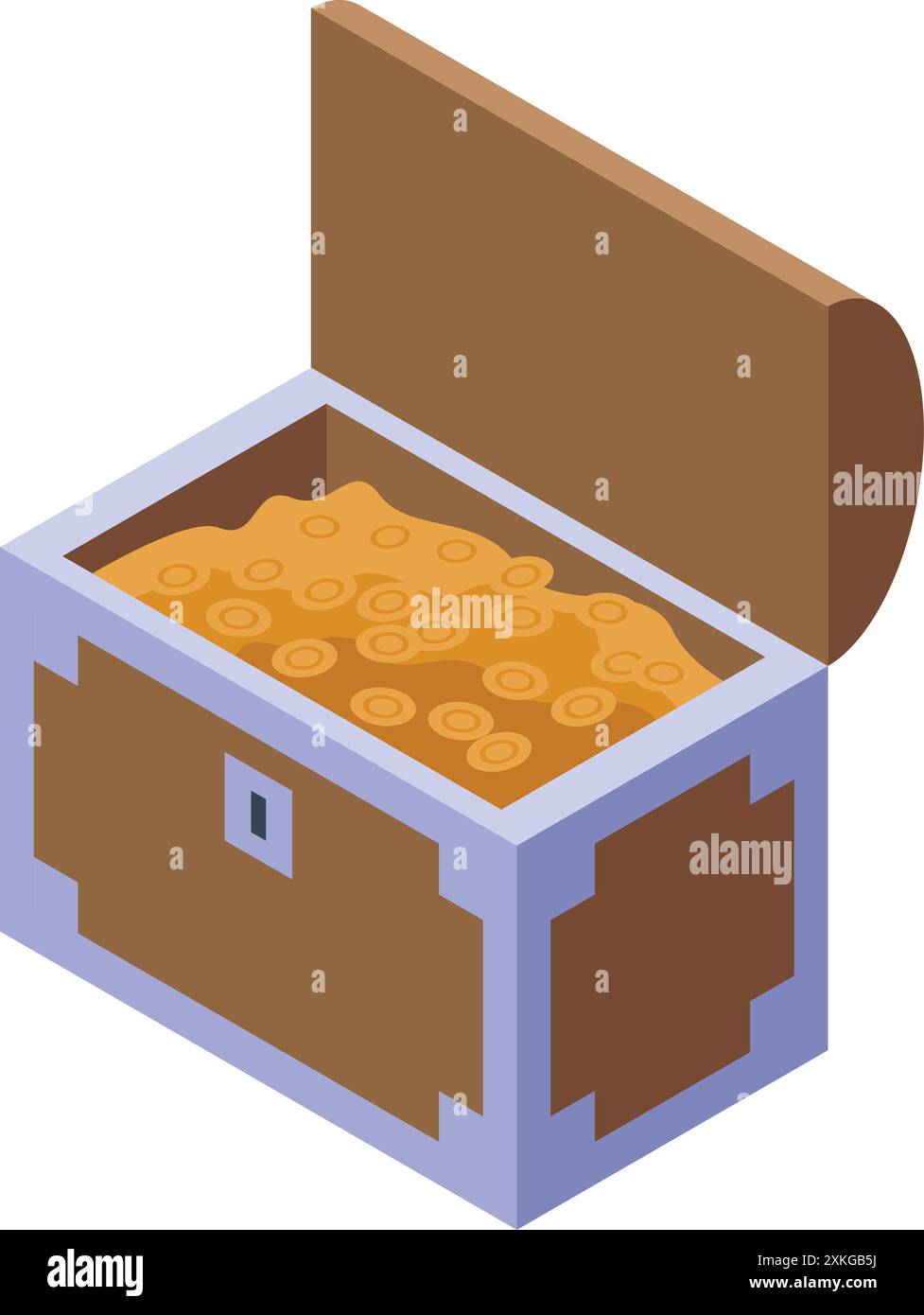 Open wooden chest overflowing with gold coins, isometric view Stock ...