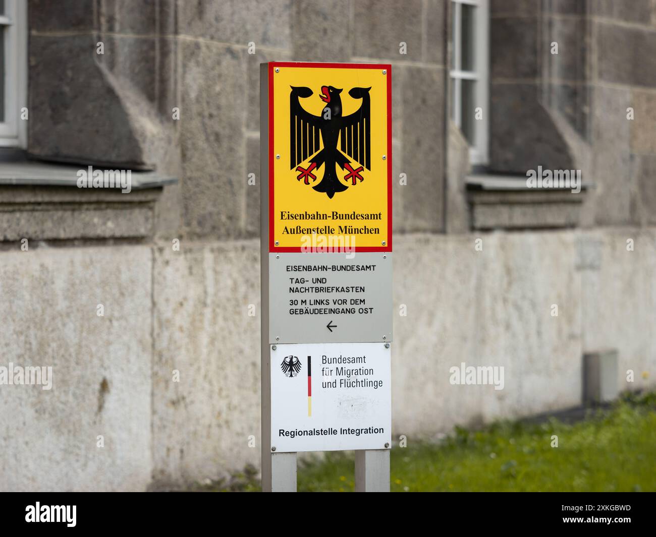 Eisenbahn Bundesamt München sign (Federal Railway Authority Munich) and Bundesamt für Migration und Flüchtlinge (Federal Agency of Migration. Stock Photo