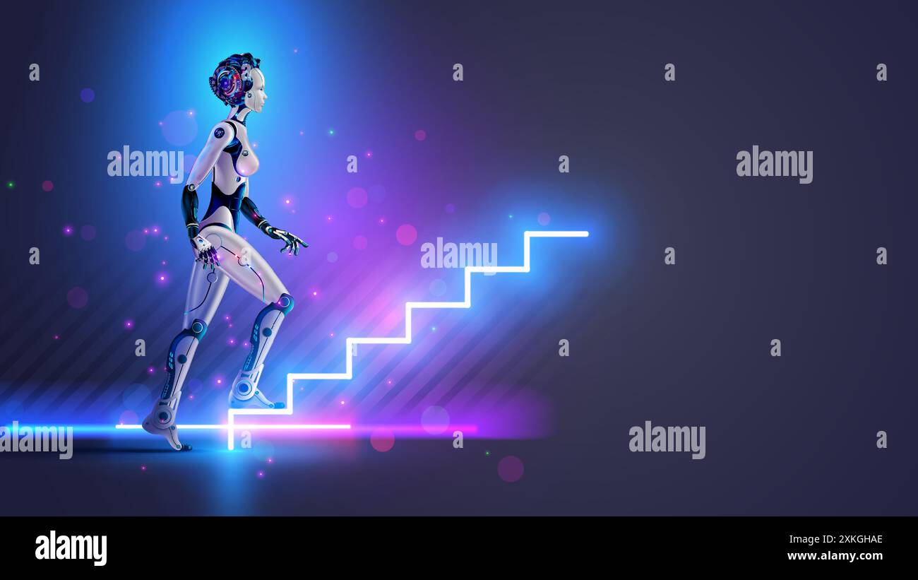 Woman robot or cyborg with AI goes up futuristic stairs in full growth. AI or artificial intelligence learning concept. AI Future technology. Computer Stock Vector